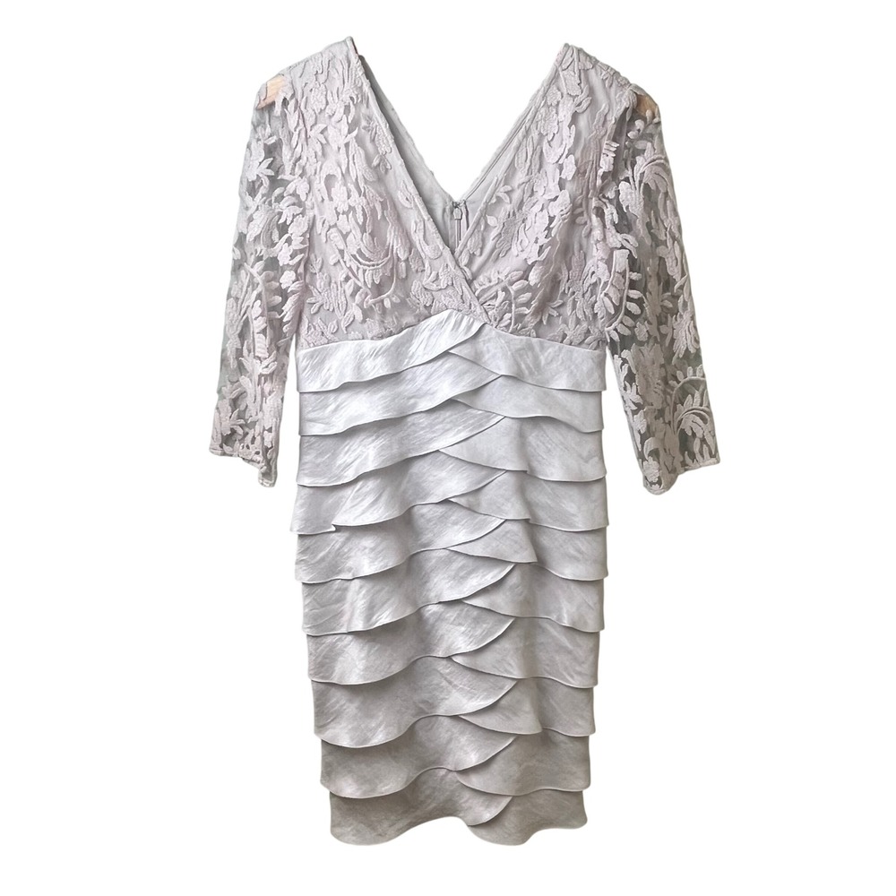 Adrianna Papell Shimmer Shutter Tuck Lace Beige Lined Cocktail Evening Dress 8